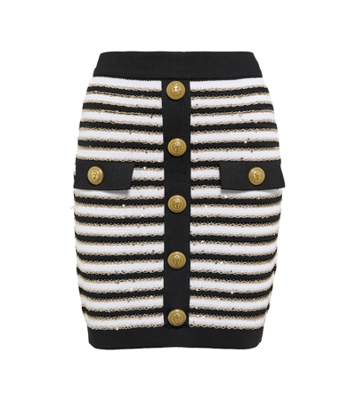 Shop Balmain Striped High-rise Knit Miniskirt In Noir/blanc/or