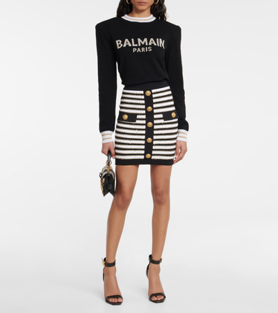 Balmain Button-embellished Metallic Striped Knitted Mini Skirt In Noir/blanc/or