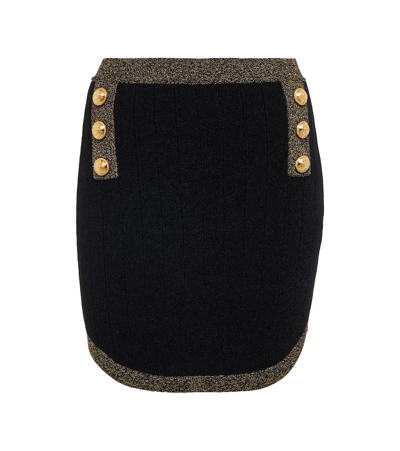 Shop Balmain High-rise Ribbed-knit Miniskirt In Noir/or