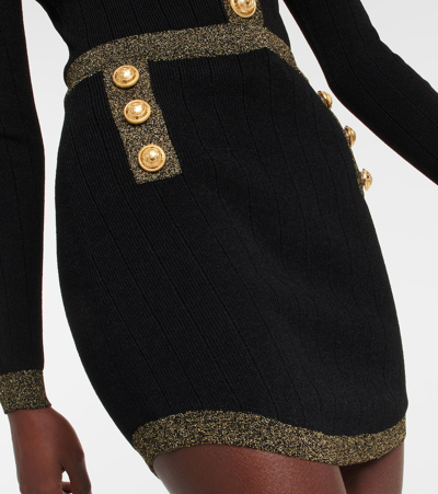 Shop Balmain High-rise Ribbed-knit Miniskirt In Noir/or