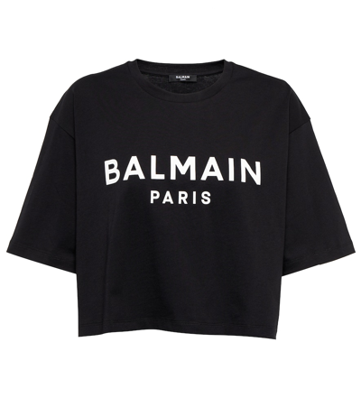 Shop Balmain Logo Cotton Jersey Cropped T-shirt In Noir/blanc