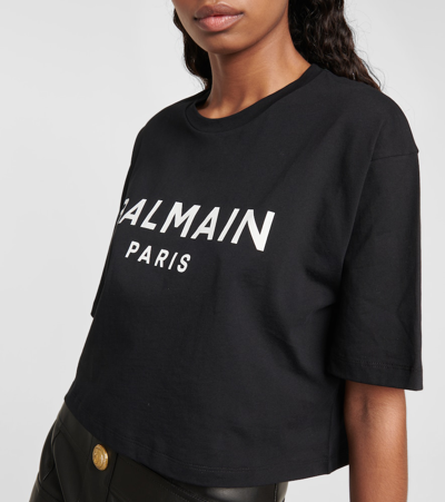 Balmain Logo Print Cropped Cotton Jersey T-shirt In Noir/blanc