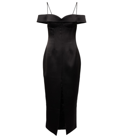 Shop Rasario Off-shoulder Satin Midi Dress In Black
