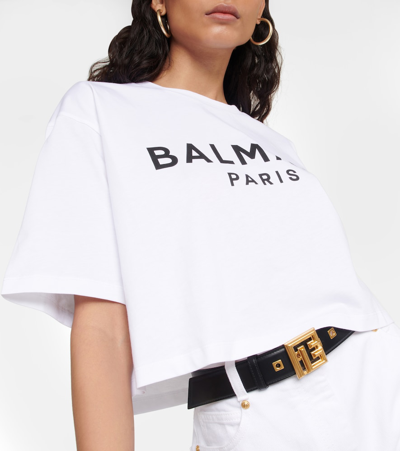 Shop Balmain Logo Cotton Jersey Cropped T-shirt In Blanc/noir