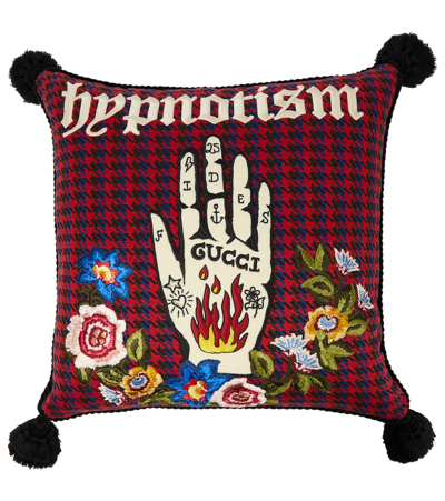 Shop Gucci Embroidered Houndstooth Wool-blend Cushion In Red/multicolor