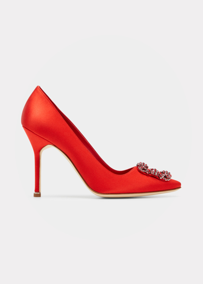 Shop Manolo Blahnik Hangisi 105mm Crystal-buckle Pumps In Red