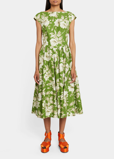 Shop Erdem Floral Printed Volume-hem Midi Dress In Green And Ecru