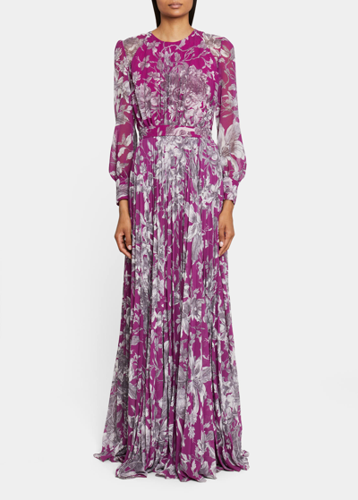 Shop Erdem Floral-print Pleated Belted Gown In Purple And White
