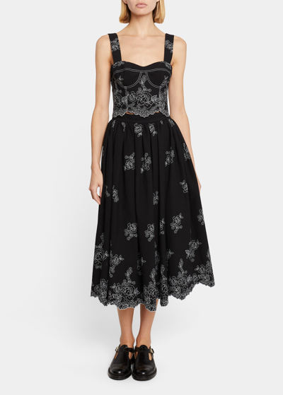 Shop Erdem Floral-embroidered Seersucker Midi Skirt In Black