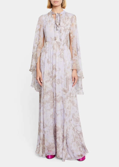 Shop Erdem Floral-print Neck-tie Chiffon Cape Gown In Lilac And White