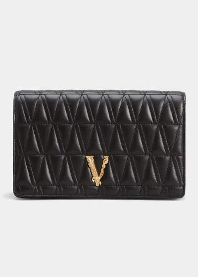 Shop Versace Virtus Quilted Leather Wallet On Chain In 1b00v Black Versa