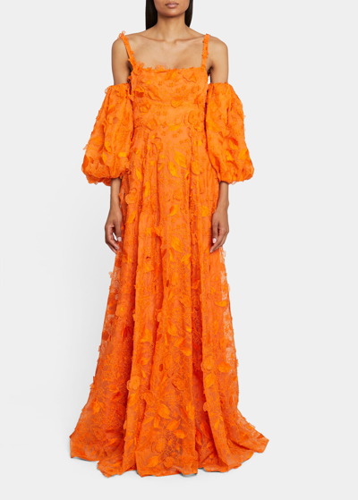 Shop Erdem Puff Sleeve Gown With Floral Applique Detail In Clementine