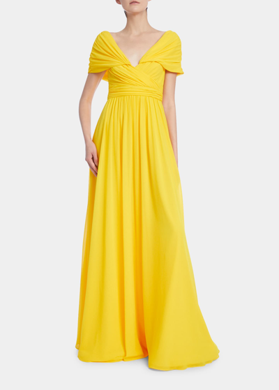 Shop Badgley Mischka Ruched V-neck Empire Gown In Lemon