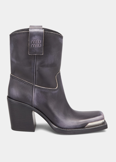 Shop Miu Miu Tronchetti Calfskin Western Booties In Nero