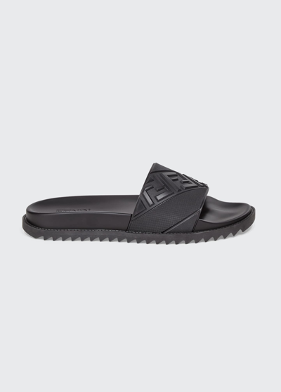 Shop Fendi Men's Ff Logo Slide Sandals In Cyber Blue