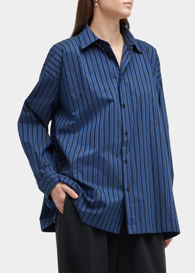 Shop Eskandar Slim A-line Shirt With Collar & Step Insert (long Length) In Blue