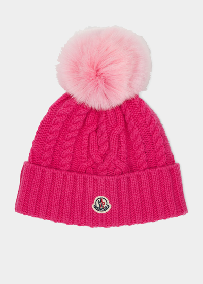 Shop Moncler Cashmere Knit Beanie W/ Faux Fur Pom In Light Pink