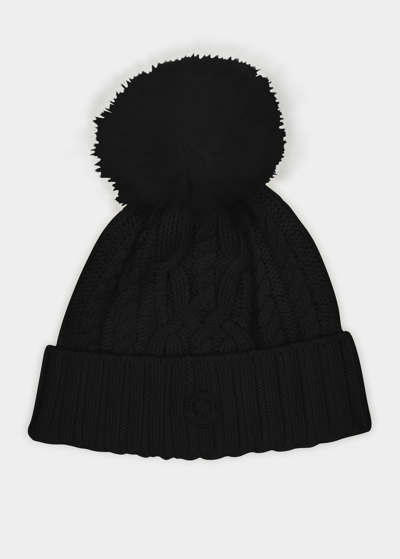 Shop Moncler Cashmere Knit Beanie W/ Faux Fur Pom In Black