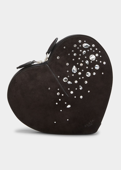 Shop Alaïa Le Coeur Rhinestone Heart Shoulder Bag In 999 - Noir