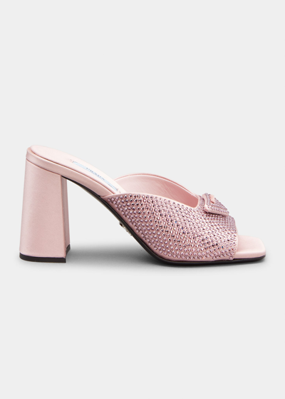 Shop Prada Crystal Silk Logo Mule Sandals In Alabastro