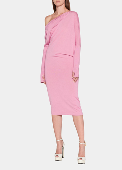 Shop Tom Ford Draped Off-the-shoulder Midi Cashmere Dress In Light Rose