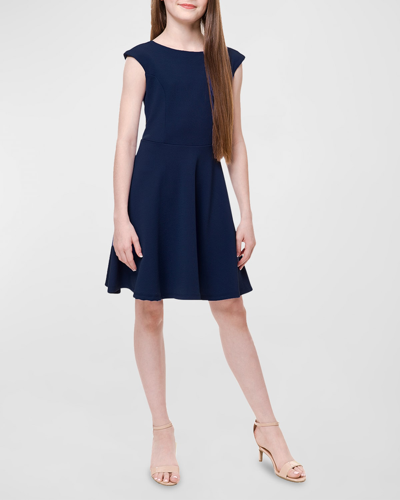 Shop Un Deux Trois Girl's Textured Cap Sleeve Dress In Navy