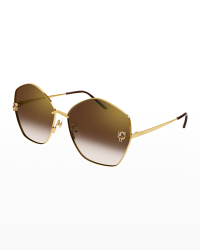 Shop Cartier Panther Rounded Geometric Metal Sunglasses In Gold