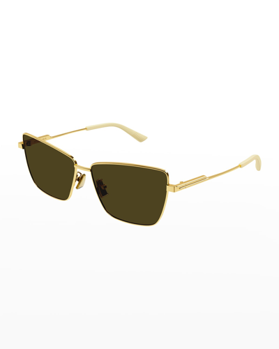 Shop Bottega Veneta Rectangle Golden Metal Sunglasses In Shiny Gold