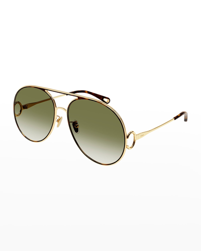 Shop Chloé Golden Tortoiseshell Metal Aviator Sunglasses