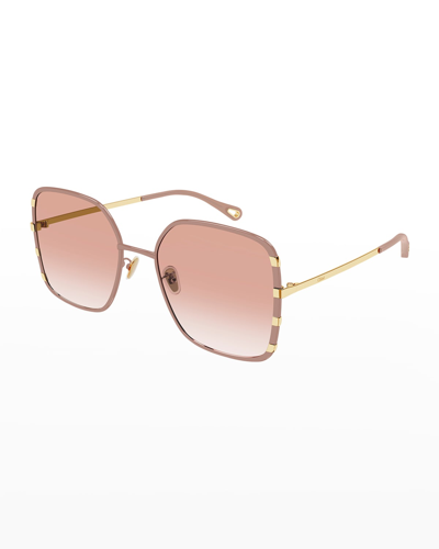 Shop Chloé Gradient Square Golden Metal Sunglasses In Pink