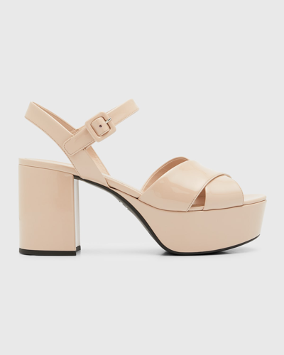 Shop Prada Vernice Patent Leather Crisscross Platform Sandals In Cipria