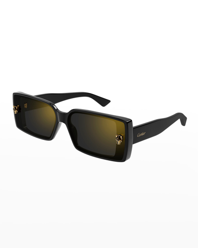 Shop Cartier Panther Rectangle Acetate Sunglasses In Black
