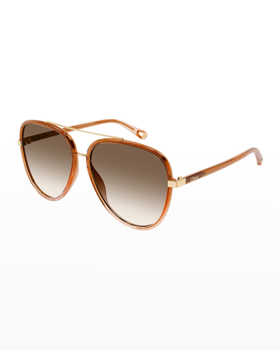 Shop Chloé Golden Injection Plastic Aviator Sunglasses In Brown