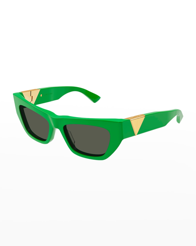 Shop Bottega Veneta Inverted Triangle Acetate Cat-eye Sunglasses In Shiny Solid Green