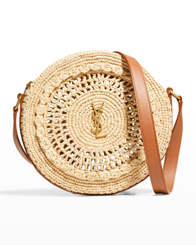 Shop Saint Laurent Ysl Round Raffia Crossbody Bag In Natural/brick