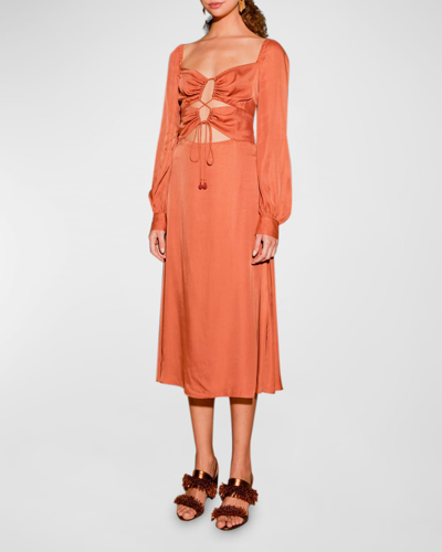Shop Farm Rio Caramel Cutout Front-tie Satin Midi Dress In Brown