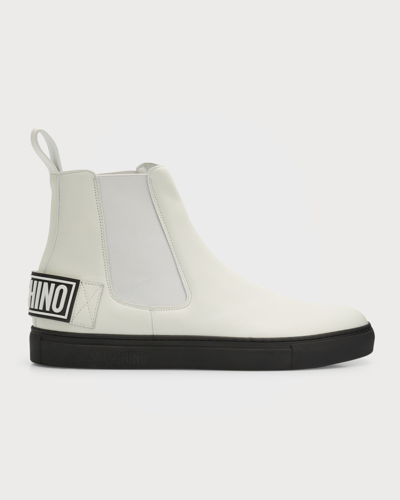 Shop Moschino Men's Logo Leather Chelsea Boot In Bianco