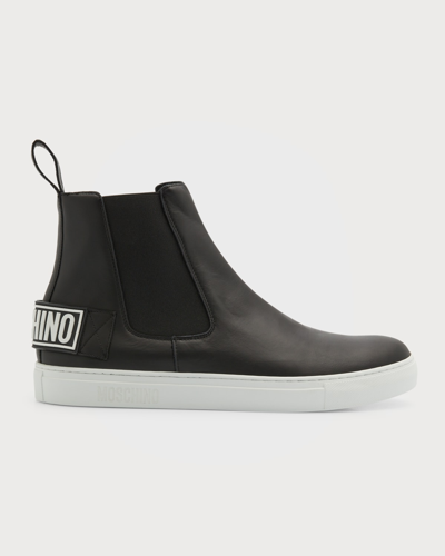 Shop Moschino Men's Logo Leather Chelsea Boot Sneakers In Nero