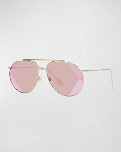 Shop Burberry Striped Steel Aviator Sunglasses In Pink