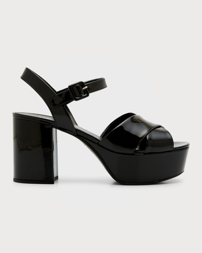 Shop Prada Vernice Patent Leather Crisscross Platform Sandals In Nero