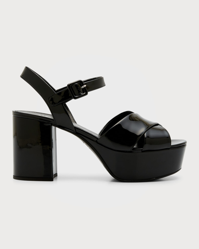 Prada Vernice Crisscross Platform Sandals In Nero