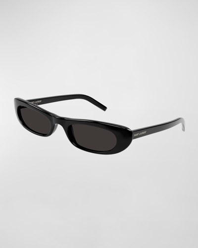 Shop Saint Laurent Slim Oval Acetate Sunglasses In Black