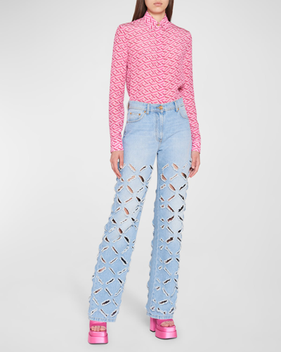 Shop Versace Laser-cut Checkered Denim Pants In Light Blue