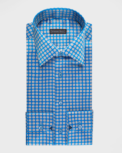 Shop Stefano Ricci Men's Medallion-print Silk Dress Shirt In Blue