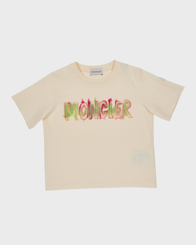 Shop Moncler Girl's Smeared Graphic Logo-print T-shirt In Off White
