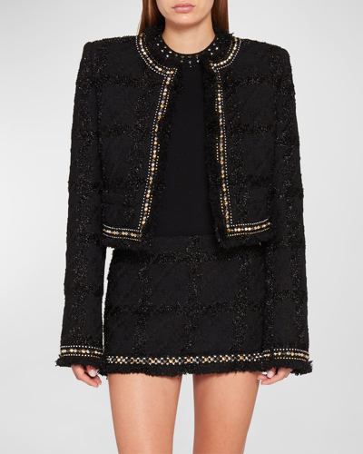 Shop Versace Tweed Short Jacket With Studded Trim In Black