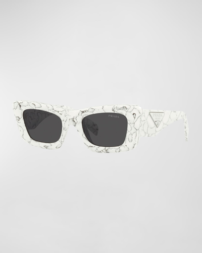 Shop Prada Rectangular Marble Acetate Cat-eye Sunglasses In Matte White
