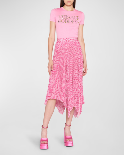 Shop Versace Monogram Printed Crepe Midi Skirt In Pinkfuxia