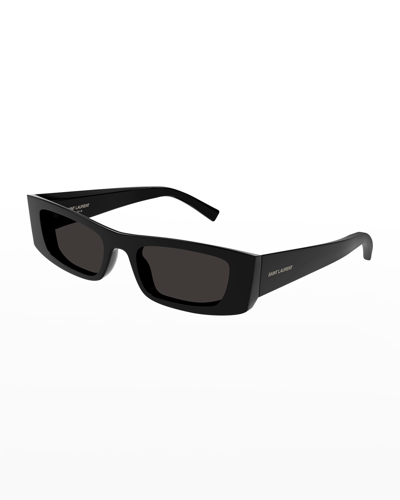 Shop Saint Laurent Logo Rectangle Injection Plastic Sunglasses In Black