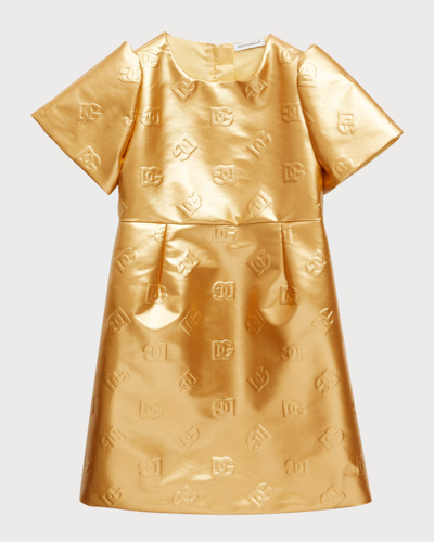 Shop Dolce & Gabbana Girl's Scattered Logo-print Jacquard Dress In Gold Yellow